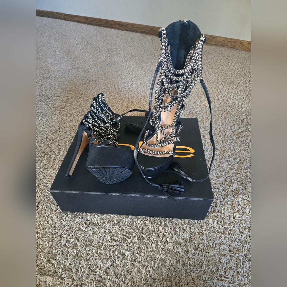 bebe Black Chain Lace-Up Heels